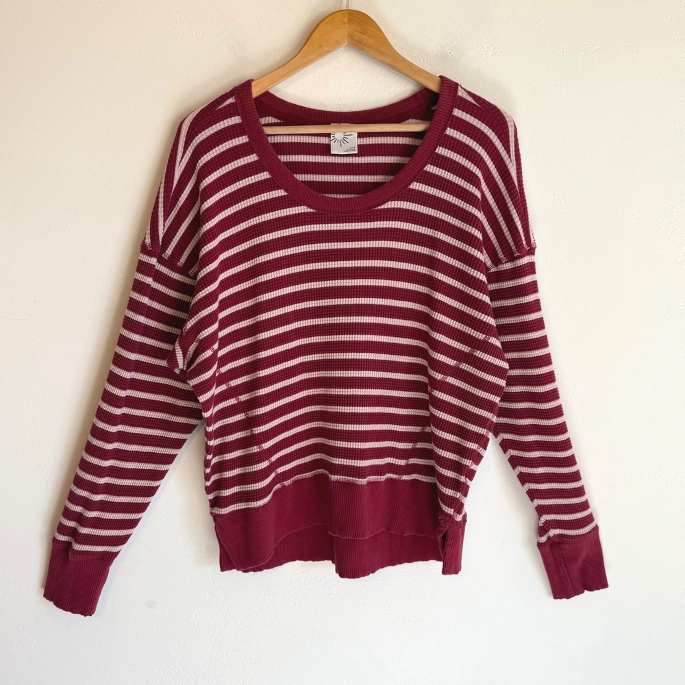 OFFLINE by Aerie Waffle Knit Top Burgundy Stripe Thumbhole Loungewear Academia S